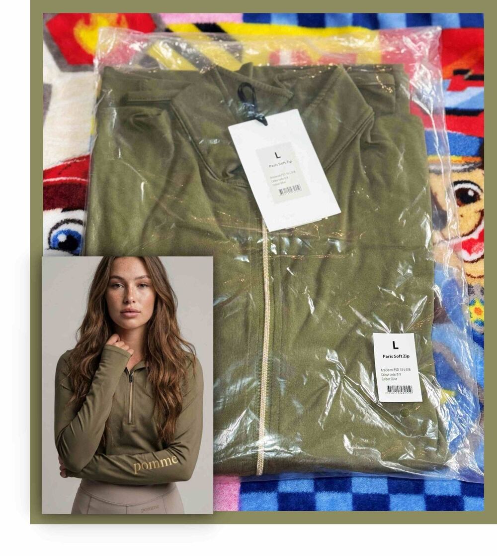 Pomme Equestrian Paris Soft Zip L Olive Green Baselayer Horseback Riding Top